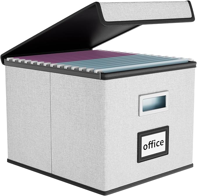 Huolewa File Organizer Box with Lid, Collapsible File Folder Organizer for Office Document Storage, Filing Box with Plastic Slide for Letter/Legal Size Hanging Files, Light Grey-DeskLoop Office
