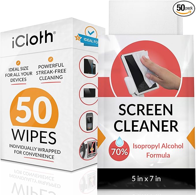 iCloth 70% Isopropyl Alcohol Large Screen and Electronics Wipes, Lint-Free, Streak-Free, Fast-Drying, Removes Dust and Fingerprints (50 Wipes)-DeskLoop Office
