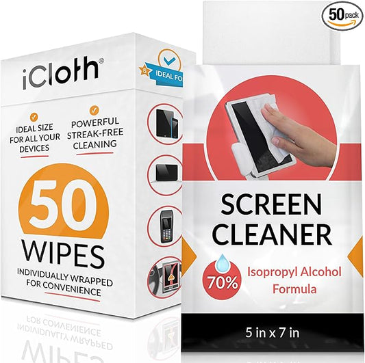 iCloth 70% Isopropyl Alcohol Large Screen and Electronics Wipes, Lint-Free, Streak-Free, Fast-Drying, Removes Dust and Fingerprints (50 Wipes)-DeskLoop Office