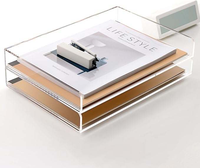 2 Pack- Stackable Paper Letter Tray, A4 File Tray Desk Organizer, Acrylic Desk Organizers and Accessories Sorter, Clear Workspace Office Supplies Organizers, 12.4inx8.86inx3.46in-DeskLoop Office