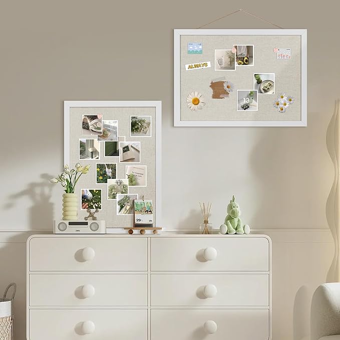 Cork Board Bulletin Board 16.7" x 11", 2-Pack Small Linen Corkboards with Frame for Walls, Cute Picture Display Pin Board Vision Board for Room School Office Bedroom 25 Pushpins Vintage White-DeskLoop Office