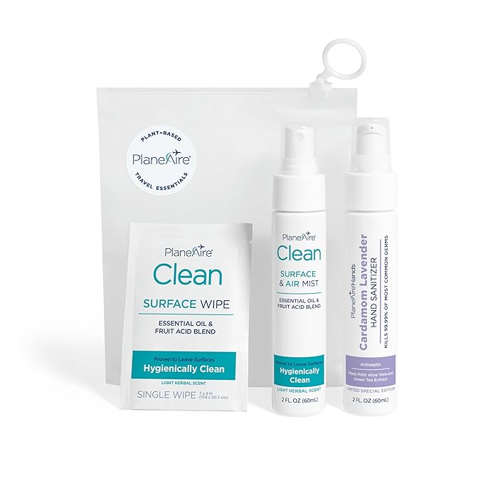 Travel Essentials | Hygiene Kit | Travel Toiletry Kit | Travel Size | Lotion Hand Sanitizer Cardamom Lavender Scent | Surface Wipes | Individual Travel Wipes | Surface Cleaner | With Essential Oils-DeskLoop Office