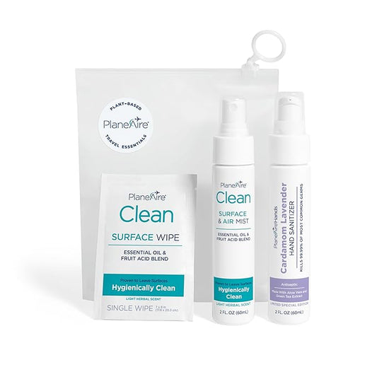 Travel Essentials | Hygiene Kit | Travel Toiletry Kit | Travel Size | Lotion Hand Sanitizer Cardamom Lavender Scent | Surface Wipes | Individual Travel Wipes | Surface Cleaner | With Essential Oils-DeskLoop Office