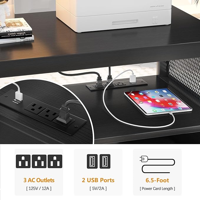 Unikito Lateral File Cabinet, Locking Office Filing Cabinets with Socket and USB Charging Port, Modern Rolling Printer Stand with Storage for A4, Letter Size and File Folders, Black-DeskLoop Office