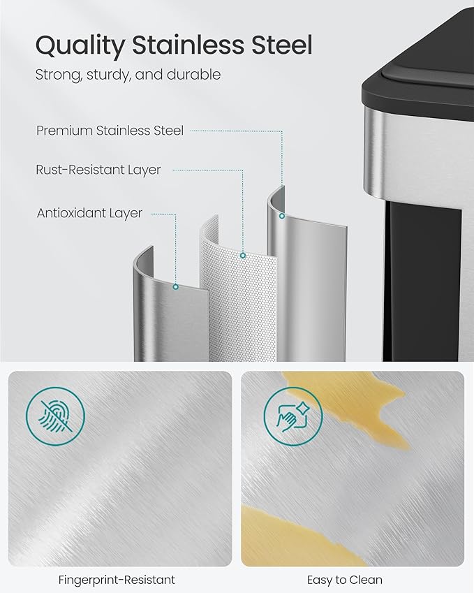 SONGMICS Trash Can, 2 x 8 Gallon (2 x 30 L) Double Garabge Can for Recycling and Waste, Stainless Steel, Soft-Close Lid, Inner Buckets, Wide Sturdy Pedal, Metallic Silver ULTB556E01-DeskLoop Office