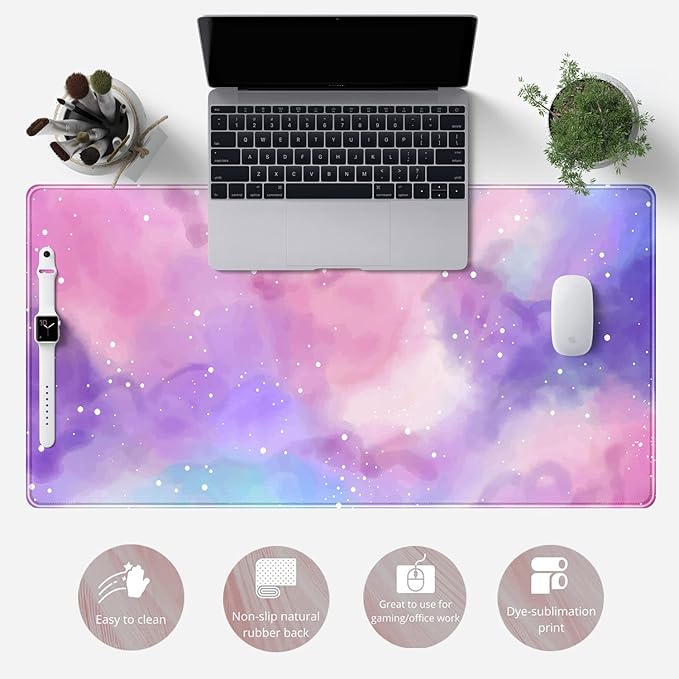 Desk Pad Purple Starry Sky Cute Gaming Mouse Pad Galaxy Gamer Girl Cute Pink Desk Decor Keyboard Desk Mat, Stitched Edges Desktop with Stitched Edges Non-Slip Large Computer Mat 31.5x15.7 in-DeskLoop Office