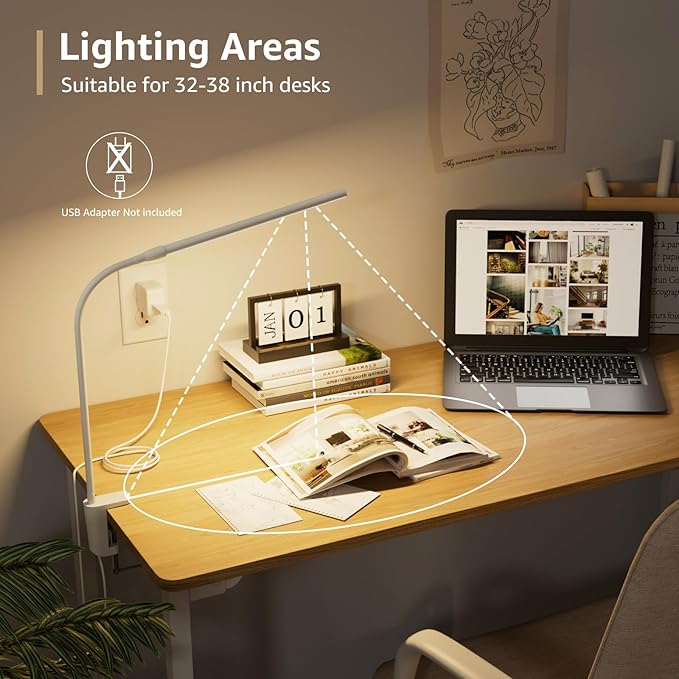 Lepro Small Desk Lamp with Clamp, LED Reading Lamps with 450LM, 3 Color Modes 10 Brightness, Dimmable USB Clip on Desk Light with Gooseneck Swing Arm for Nail, Home Office and Dorm (White)-DeskLoop Office