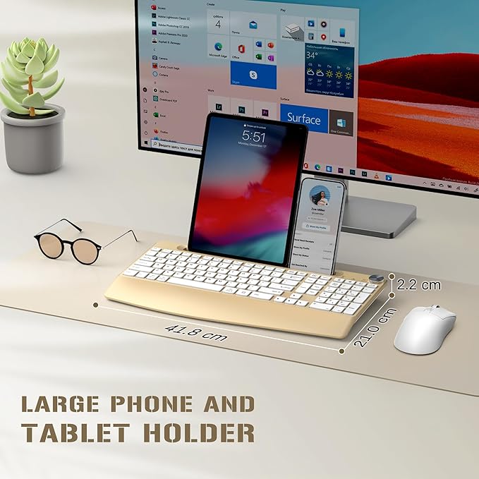 Ergonomic Wireless Keyboard and Mouse with Wrist Rest,Phone Holder - 2.4GHz Full-Sized Low-Profile Quiet Gold Wireless Mouse and Keyboard Combo for Computer, Laptop, PC, Mac-Gold-DeskLoop Office