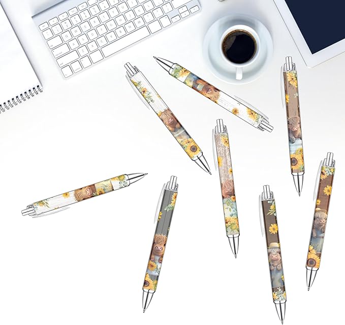 Idealmuzik 8 PCS Cute Highland Cow Print Pens, Cow Lovers Gifts, School Office Supplies, Gifts for Women Girls Teen Christmas New Year-DeskLoop Office