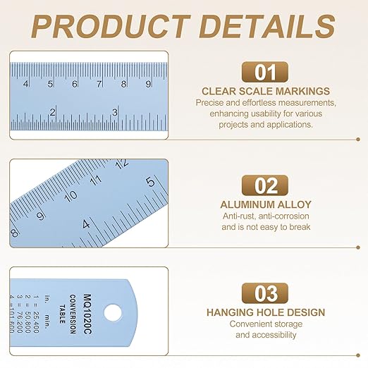 HARFINGTON 6pcs Metal Straight Ruler 15cm Metric SAE Aluminum Alloy Measuring Rulers Scale Tool with Hole for Measure Study Reading Classroom Office, Light Blue-DeskLoop Office