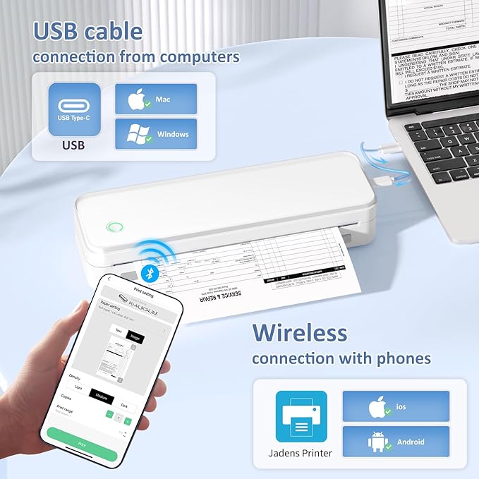 Inkless Portable Printer for Travel, Wireless Thermal Printer Supports 8.5 x 11 Inch US Letter Size, Bluetooth Machine Includes Carry Case and 3 Rolls of Thermal Paper Kit, White-DeskLoop Office