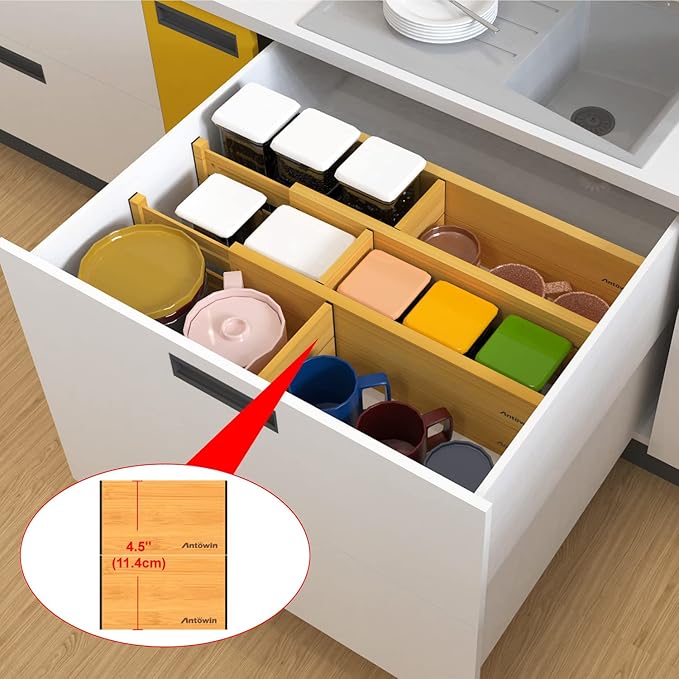 ANTOWIN Bamboo Drawer Dividers Organizers, Drawer Separators Splitter,17-22 inches Long Adjustable Spring-loaded Organizer for Large Utensil, Clothes, Tools Drawers(yellow)-DeskLoop Office