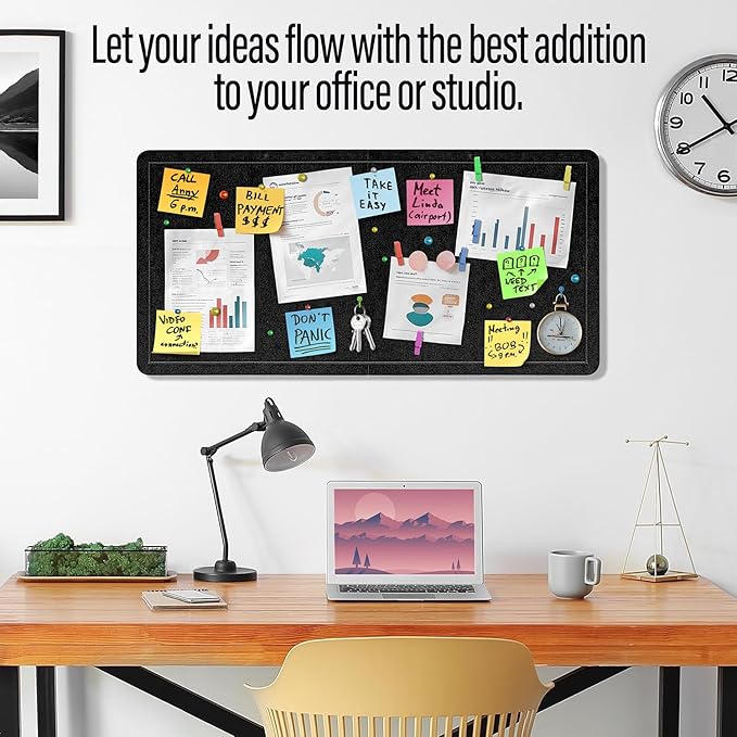 Large Bulletin Board 36 x 18 Inches - Foldable Felt Bulletin Board for Wall, Cork Board Alternative with 50 Color Pins & 6 Note Pads, Vision Board - Black-DeskLoop Office