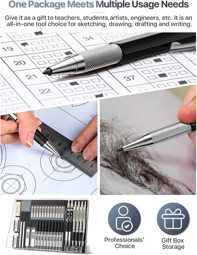 37PCS Art Mechanical Pencil Set, Drafting Pencil 5 Sizes- 0.3, 0.5, 0.7, 0.9MM & 2PCS 2.0MM Mechanical Drawing Pencils with 492PCS Leads (6B 4B 2B HB 2H 4H Color) for Artist Sketching Drawing-DeskLoop Office