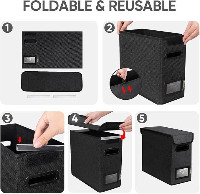 BALEINE File Organizer Box with Lid, Collapsible File Folder Organizer with Plastic Slide, Hanging File Folder Box for Office Document Storage (2 Pack, Black, S)-DeskLoop Office