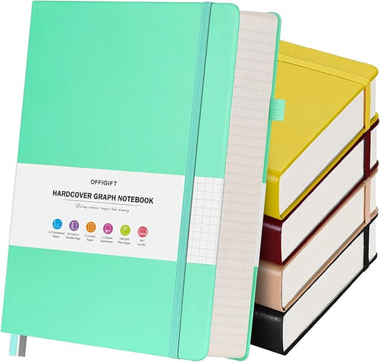5 Pack Graph Paper Notebook, 312 Numbered Pages Graph Notebook Bulk, 100gsm No Bleed Grid Paper Notebooks for Work, Hardcover Leather Journal, Squared Grid Notebook for Graphing Notes Math, Multicolor-DeskLoop Office
