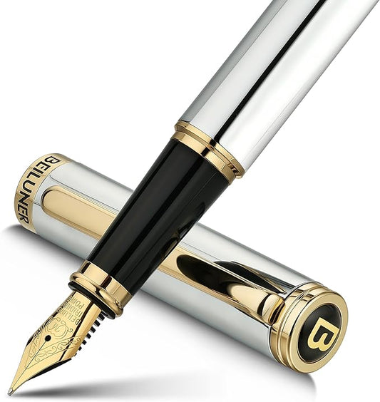 BEILUNER Silver Chrome Fountain Pen,Stunning Luxury Pens with 24K Gold Accents, Gorgeous 24K Gilded Nib(Medium), Ink Converter,Fancy Pen Gift for Men&Women-Elegant, Office, Executive,Nice for Writing-DeskLoop Office