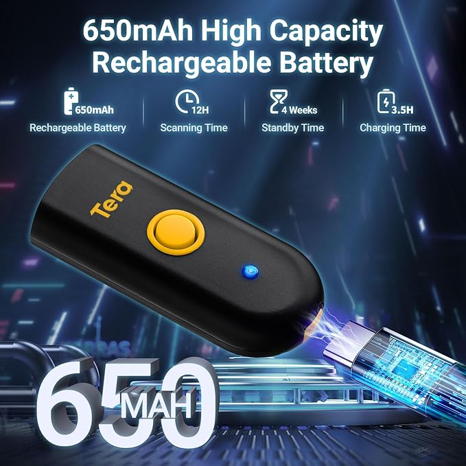 Tera Mini 1D Barcode Scanner: Pocket Waterproof Wireless Laser Scanner 3 in 1 Compatible with Bluetooth USB Wired Portable Bar Code Reader for Logistics Work with iOS Windows Android 1100L Yellow-DeskLoop Office