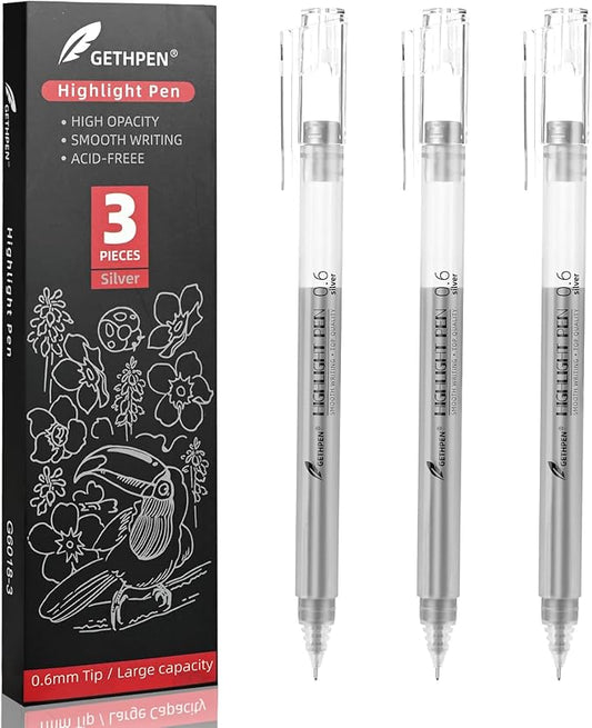 0.6mm Fine Point Silver Gel Pens, 3-Pack for Artists Drawing on Black Paper, Sketching, Adult Coloring Books & Modern Crafts-DeskLoop Office