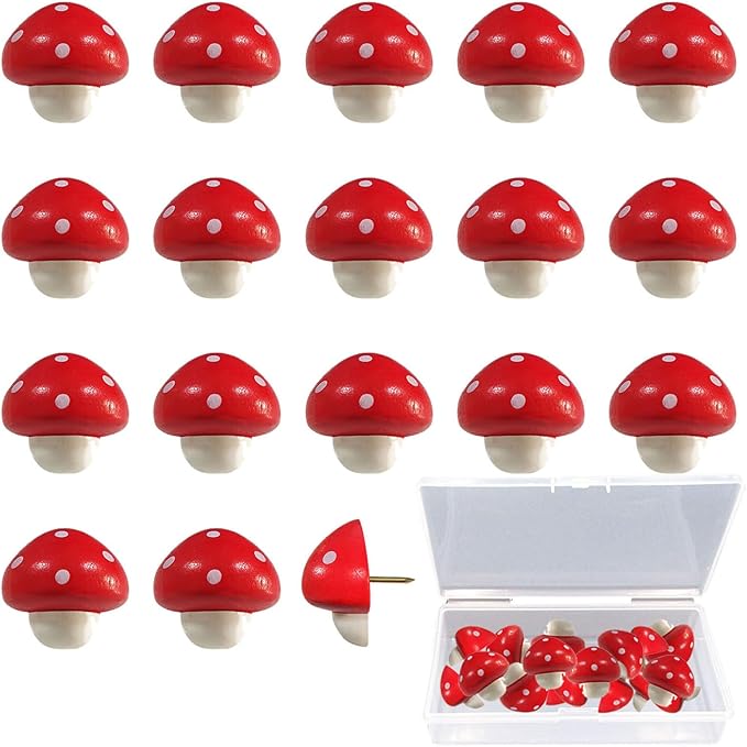 Wooden Mushroom Pushpins, 20pcs Decorative Thumbtack Cute Thumb Nails Mushroom Thumb Tacks for Home Office Classroom Photos Wall, Maps, Bulletin Board, Cork Boards Hanging Posters-DeskLoop Office