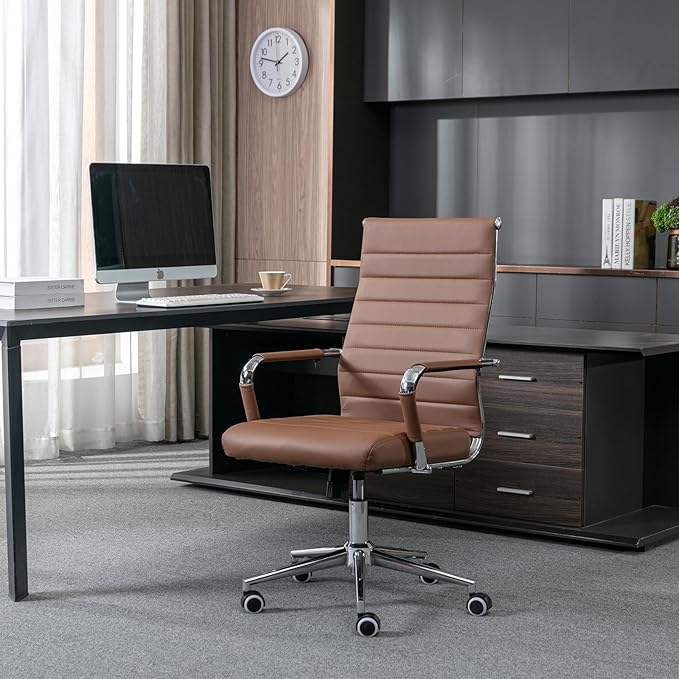 Home Office Chair Ribbed, Modern Leather Conference Waiting Room Chairs,Ergonomic Office Desk Chair, High Back Executive Computer Chair, Adjustable Swivel Chair with Arms (Brown)-DeskLoop Office
