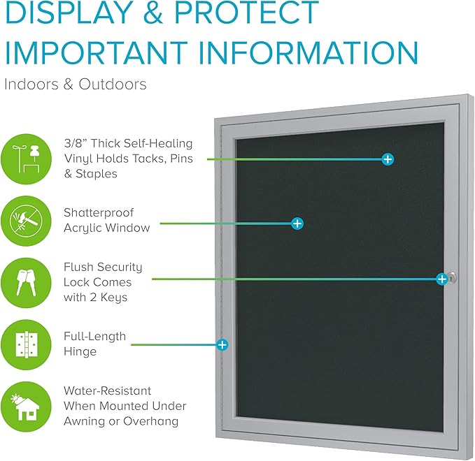 Ghent 36"x36" 1-Door Outdoor Enclosed Vinyl Bulletin Board, Shatter Resistant, with Lock, Satin Aluminum Frame - Ebony (PA13636VX-183), Made in the USA-DeskLoop Office