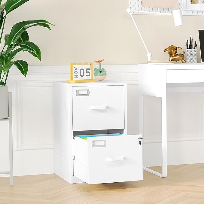 2 Drawer Vertical File Cabinet with Lock, White Metal, Under Desk, Easy Assemble-DeskLoop Office