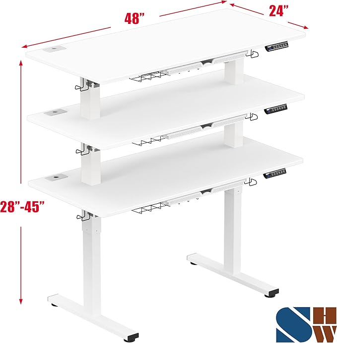 SHW 48-Inch Electric Height Adjustable Standing Desk with Drawer, Memory Preset and Cable Management Tray, White-DeskLoop Office