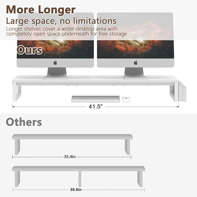 LAND·VOI Dual Monitor Stand Riser,41.5'' Long Monitor Stand for 2 Monitors, Wood and Steel Computer Monitor Stand, Desktop Oraganizer with Pen Holder, Monitor Riser for Desk Computer,Laptop,TV, White-DeskLoop Office
