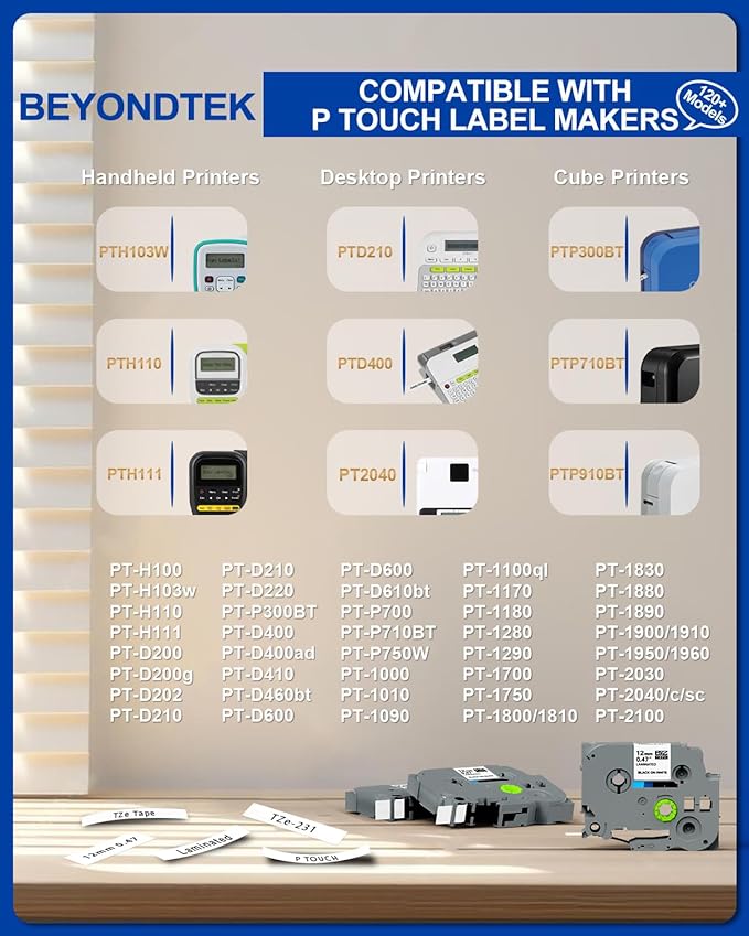 8Pk Replace for Brother Label Maker Tape 12mm 0.47 White Work with Brother P Touch Label Tape TZ TZe 1/2" Black on White TZe-231 for P-Touch PT-H103w H110 D210 D220 D400 1180 1280 1890 2040,8m 26.2ft
