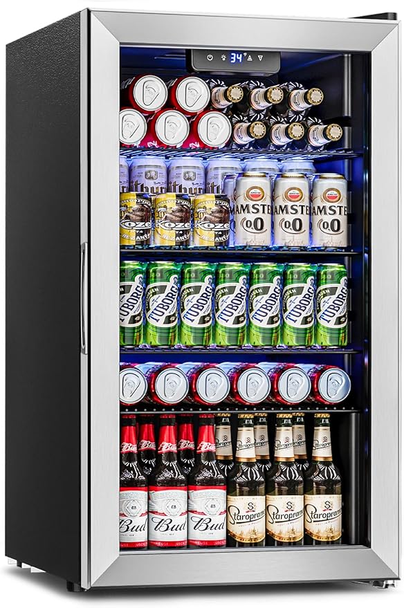 Beverage Refrigerator Cooler - 126 Can Mini Fridge Glass Door for Drinks Soda Beer Wine - Small Refrigerator for Office Bedroom Home Bar, 4 Adjustable Shelves, 3.2 Cu.Ft, Silver-DeskLoop Office