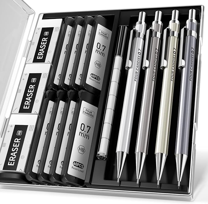 Four Candies 0.7mm Mechanical Pencil Set with Case - 4PCS Metal Mechanical Pencils, 8 Tubes HB #2 Lead Refills, 3PCS 4B Erasers and 9PCS Eraser Refills, Lead Mechanical Pencils for Writing & Drawing-DeskLoop Office