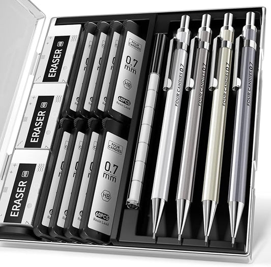 Four Candies 0.7mm Mechanical Pencil Set with Case - 4PCS Metal Mechanical Pencils, 8 Tubes HB #2 Lead Refills, 3PCS 4B Erasers and 9PCS Eraser Refills, Lead Mechanical Pencils for Writing & Drawing-DeskLoop Office