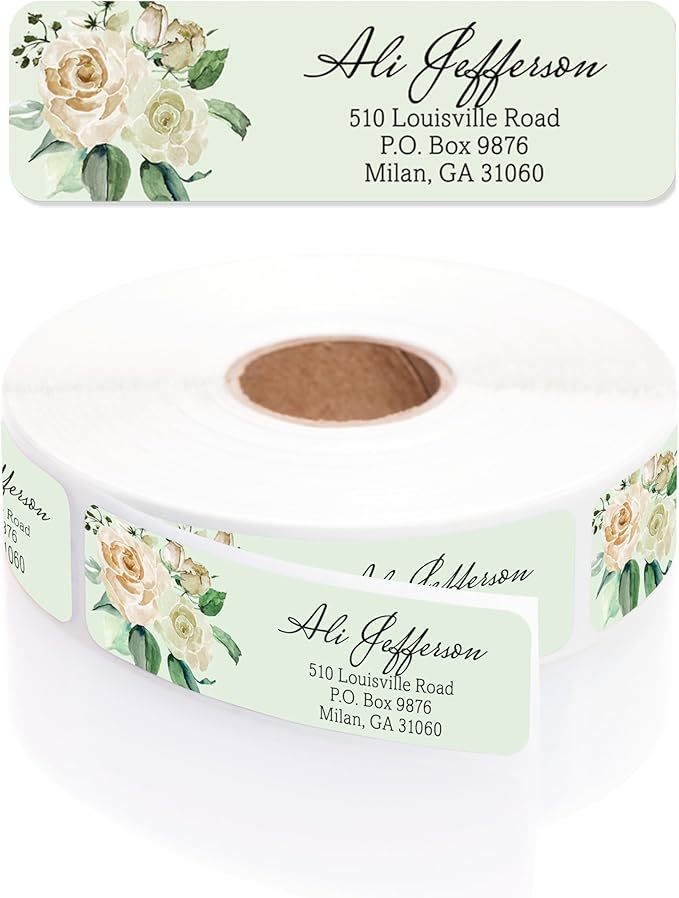 Green Watercolor Floral Rolled Address Labels / 500 Personalized Return Address Labels/Designer Address Stickers in Elegant Plastic Dispenser-DeskLoop Office