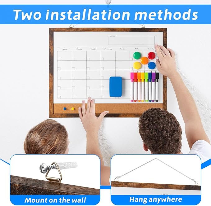 Dry Erase Calendar Whiteboard, 17" x 13" Magnetic Whiteboard Cork Board Combo, Reusable Monthly Planner with 8 Markers, Eraser, Magnets and Pushpins, Hanging Dry Erase Board for Home, School - Brown-DeskLoop Office