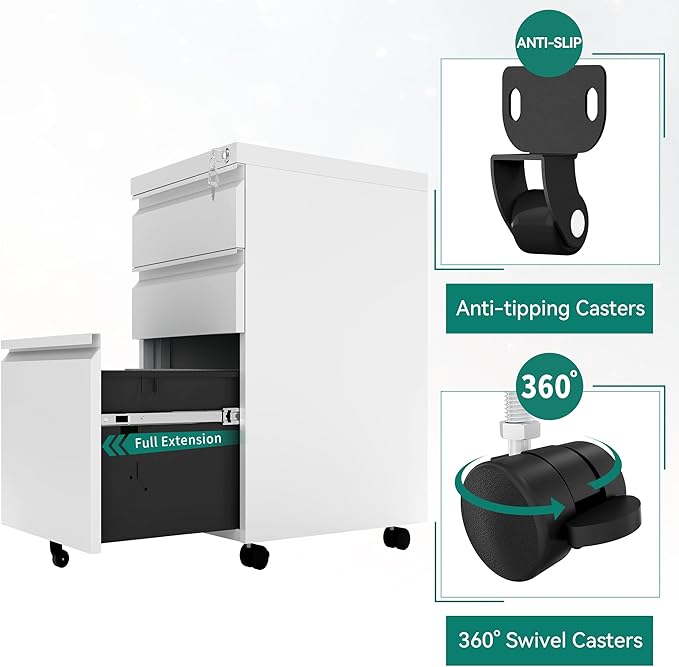 YITAHOME 3-Drawer Vertical File Cabinet, Mobile Metal Filing Cabinet with Lock for Legal/Letter Size, Pre-Built Office Storage File Cabinet Except Wheels Under Dese, White-DeskLoop Office