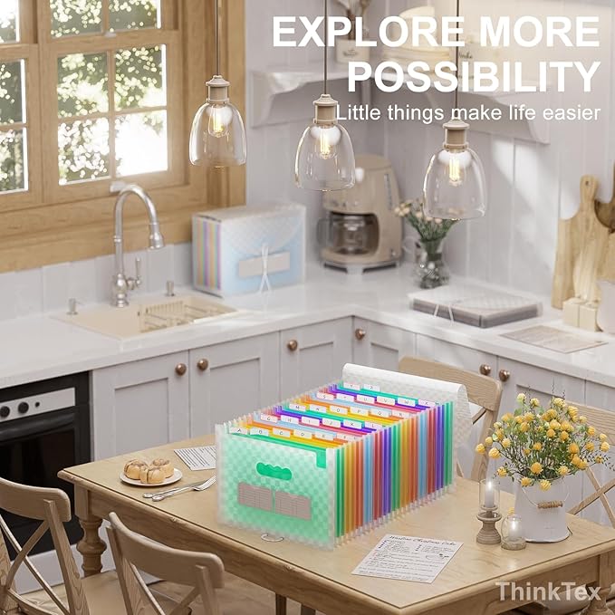 ThinkTex Accordion File Organizer, 26 Pockets Expanding File Folders, Monthly Bill Receipt Documents Organizer, A-Z Colorful Tabs, Letter/A4 Size - Green-DeskLoop Office