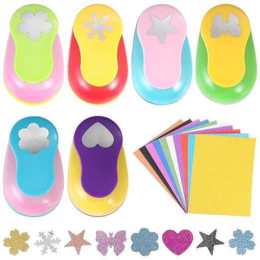 6 Pcs Colorful Craft Hole Punch with 10 Glitter Cardstock Papers, Decorative Scrapbook Paper Puncher Set, Different Shape Paper Hole Puncher Set for Office Supplies (6 Pcs- Different Shapes)-DeskLoop Office