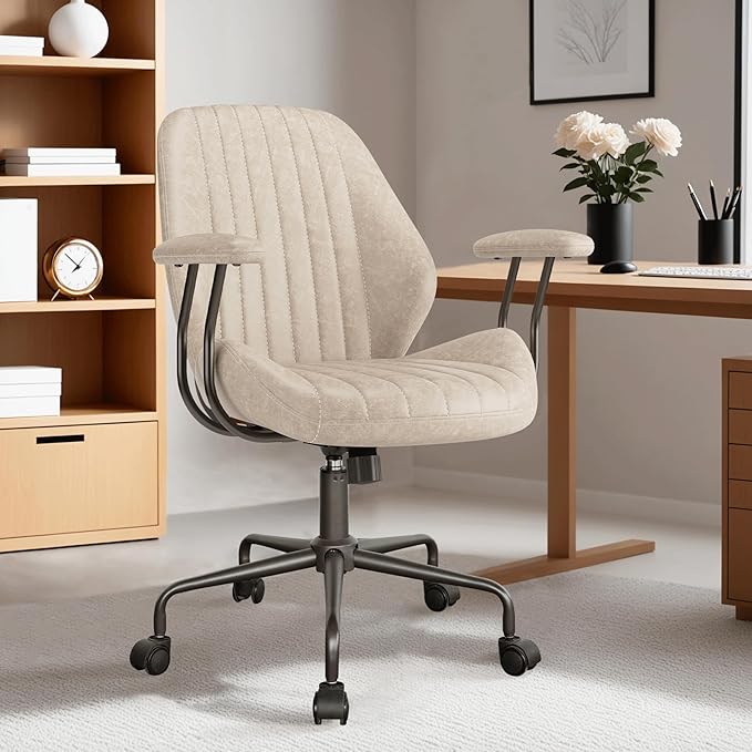 ovios Ergonomic Home Office Chair, Mid-Century Modern Faux Leather Chairs with Padded Armrests, Comfy Mid Back Swivel Rolling Executive Computer Armchair (Beige, Suede Leather)-DeskLoop Office