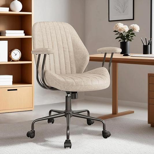 ovios Ergonomic Home Office Chair, Mid-Century Modern Faux Leather Chairs with Padded Armrests, Comfy Mid Back Swivel Rolling Executive Computer Armchair (Beige, Suede Leather)-DeskLoop Office