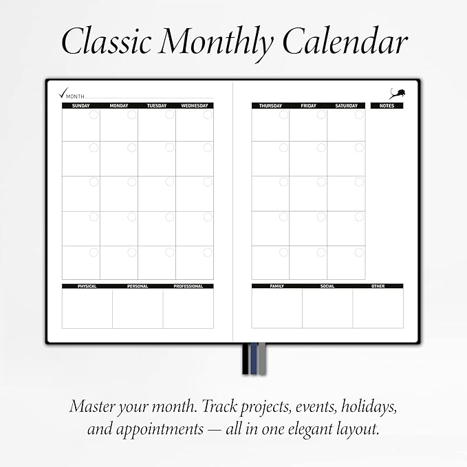 Daily Planner, Calendar & Life Organizer to Improve Time-Management, Productivity & Happiness | Vegan Leather Hardcover Notebook with Blank Dates, Undated 6 Months Hourly Planner for Men & Women, 24 Hour Agenda (Black)-DeskLoop Office