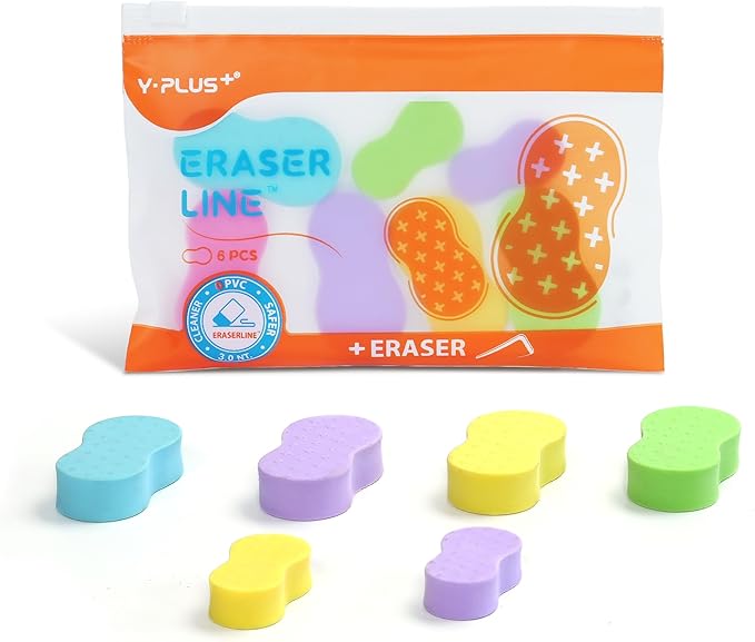 Yplus Eraser Line - Hipolymer Pencil Erasers for School Office, Cute White Rubber Eraser for Kids, Artist No Residues, 6 Pcs Multicolors-DeskLoop Office