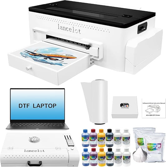 Lancelot A3 L1800 DTF Printer Bundle DTF Printing Machine with Roll Feeder, White Ink Circulation,t Shirt Printers with Film Cutter for DIY T Shirt Business (Printer+Software+Laptop+Consumables)-DeskLoop Office