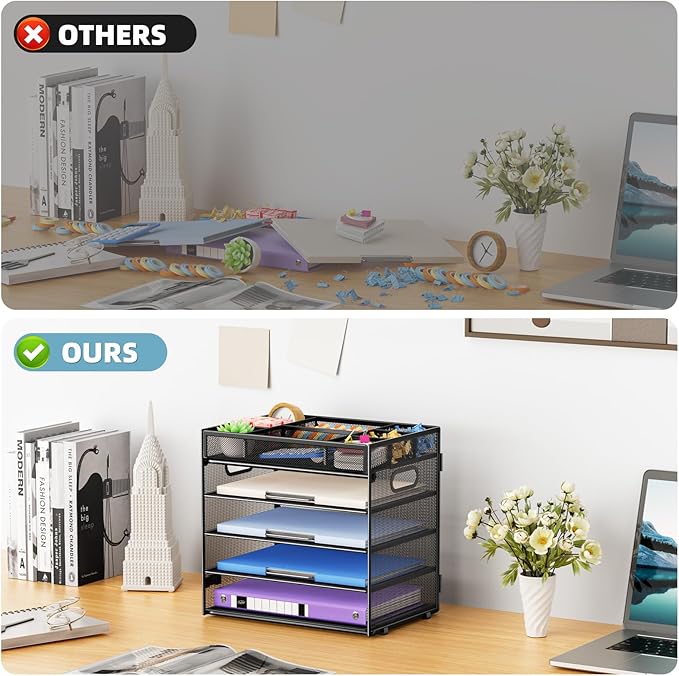 Marbrasse 5-Tier Letter Tray Paper Organizer with Handle, Multi-Functional Mesh File Organizer for Desk, Adjustable Compartments Mesh Desktop Storage for Office Supplies,Black-DeskLoop Office