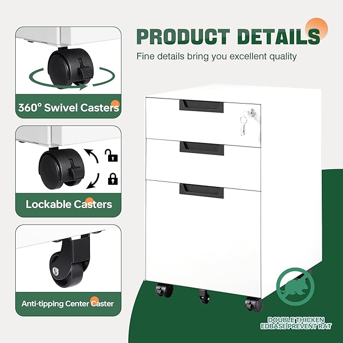 Letaya 3 Drawer Mobile File Cabinet with Lock,Under Desk Metal Small Filing Cabinets for Home Office Organizer Letters/Legal/A4(Fully Assembled Except Wheels-White)-DeskLoop Office