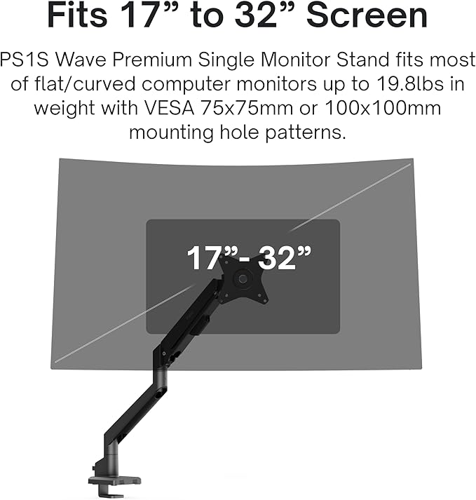 Pixio PS1S Wave Black Single Monitor Arm Stand Desk Mount - Fits up to 32 inches Monitors and up to 19.8lbs. VESA Compatibility and Integrated Cable Management-DeskLoop Office