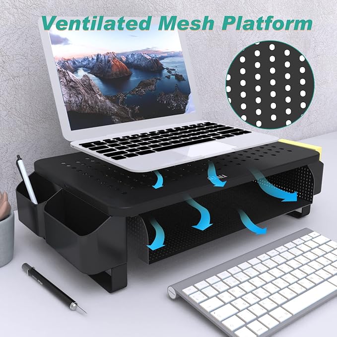 WALI Monitor Stand with Storage, Monitor Riser with Ventilation Drawer and Side Storage, Laptop Stand Riser for Desk, Printer Stands, (STT007), Black-DeskLoop Office