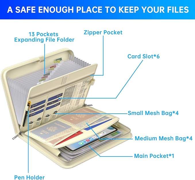 ENGPOW Accordion File Organizer,Fireproof Expanding File Folder with Multi Pockets,13 Pockets Document Organizer Bag with Handle & Labels,Portable Home Travel Safe Storage for Letter A4 Files,Beige-DeskLoop Office