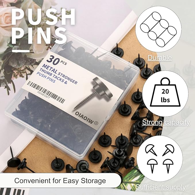 30 PCS Metal Black Push Pins for Wall Clear Thumb Tacks for Walls Flat thumbtacks Push pin for Bulletin Board Shadow Box Display Thumbtack for Cork Board-DeskLoop Office