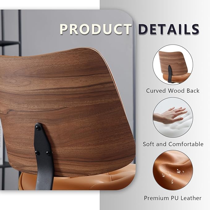 Armless Home Office Chair with Wheels, PU Leather Adjustable Height Computer Desk Chair, 360 Swivel Small No Arms Chair, Modern Button Walnut Style for Office, Reading Meeting Room(Brown)-DeskLoop Office